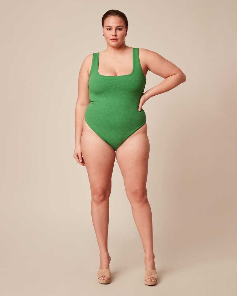 Front of a model wearing a size 16 Run To Paradise One Piece in GREEN by Saint Somebody. | dia_product_style_image_id:224425